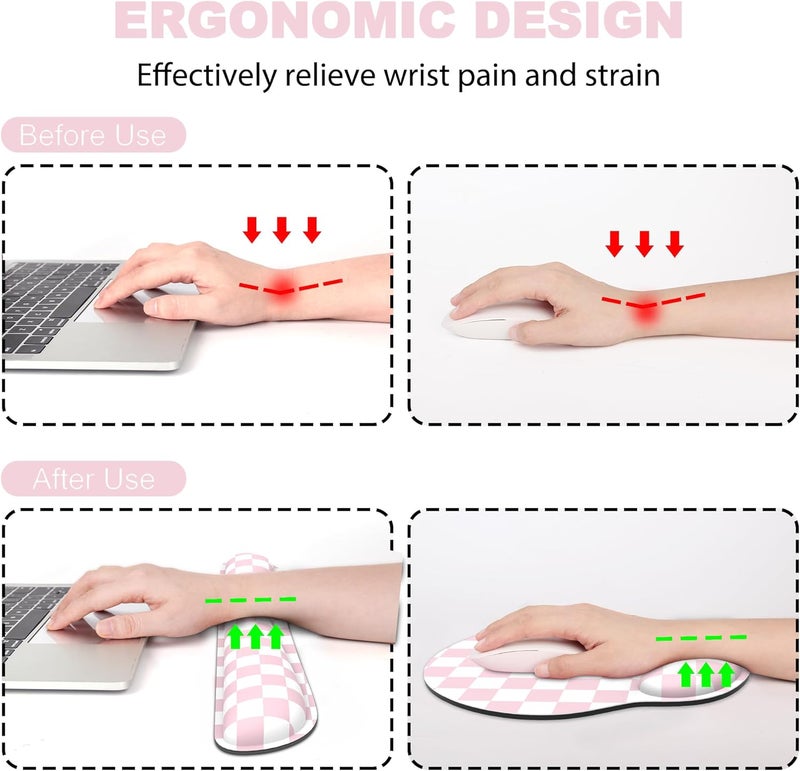 JIGOO Ergonomic Mouse Pad with Wrist Rest and Keyboard Wrist Rest, Mousepad and Wrist Rest for Computer Keyboard, Pain Relief, Non-Slip Base, Mouse Pad with Wrist Support for Gaming, Office, Pink Checkered - Image 2
